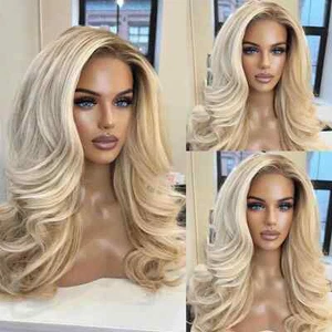 Remy Human Hair 13x4 Lace Front Wig Free Part Brazilian Hair Wavy Ombre Blonde - Picture 1 of 8