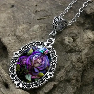 Flower Purple Gothic Silver Jewelry Nature Rose Oval Pendant Necklace - Picture 1 of 5