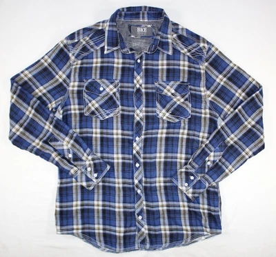 Camisa BKE con hebilla para hombre L mezcla de algodón franela ajuste atlético 2 capas a cuadros azul Foto 1 de 4