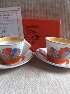 CLARICE CLIFF "CROCUS" TEA CUPS & SAUCERS BY WEDGWOOD - MINT & BOXED WITH CERT' - Picture 1 of 5