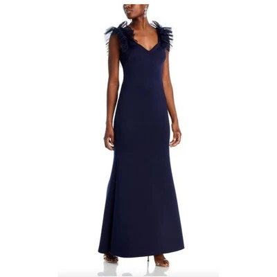  Eliza J Ruffle-Shoulder Scuba Gown Evening Dress, Plus 18W, Navy Blue New $188 - Image 1 of 4