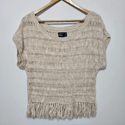 American Eagle Womens Open Knit Top Sz L Short Sleeve Fringe Festival Boho Beach - Image 1 of 4