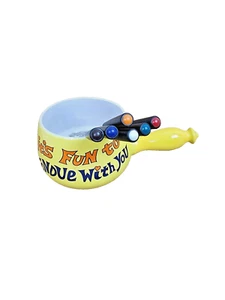 Vintage Ceramic Fondue Pot With 6 Forks It's Fun To Fondue With You Yellow - Picture 1 of 7