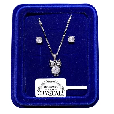 Set Collana Gufo + Orecchini pl. oro Bianco 18k con Cristalli Zirconi S86 - Immagine 1 di 4
