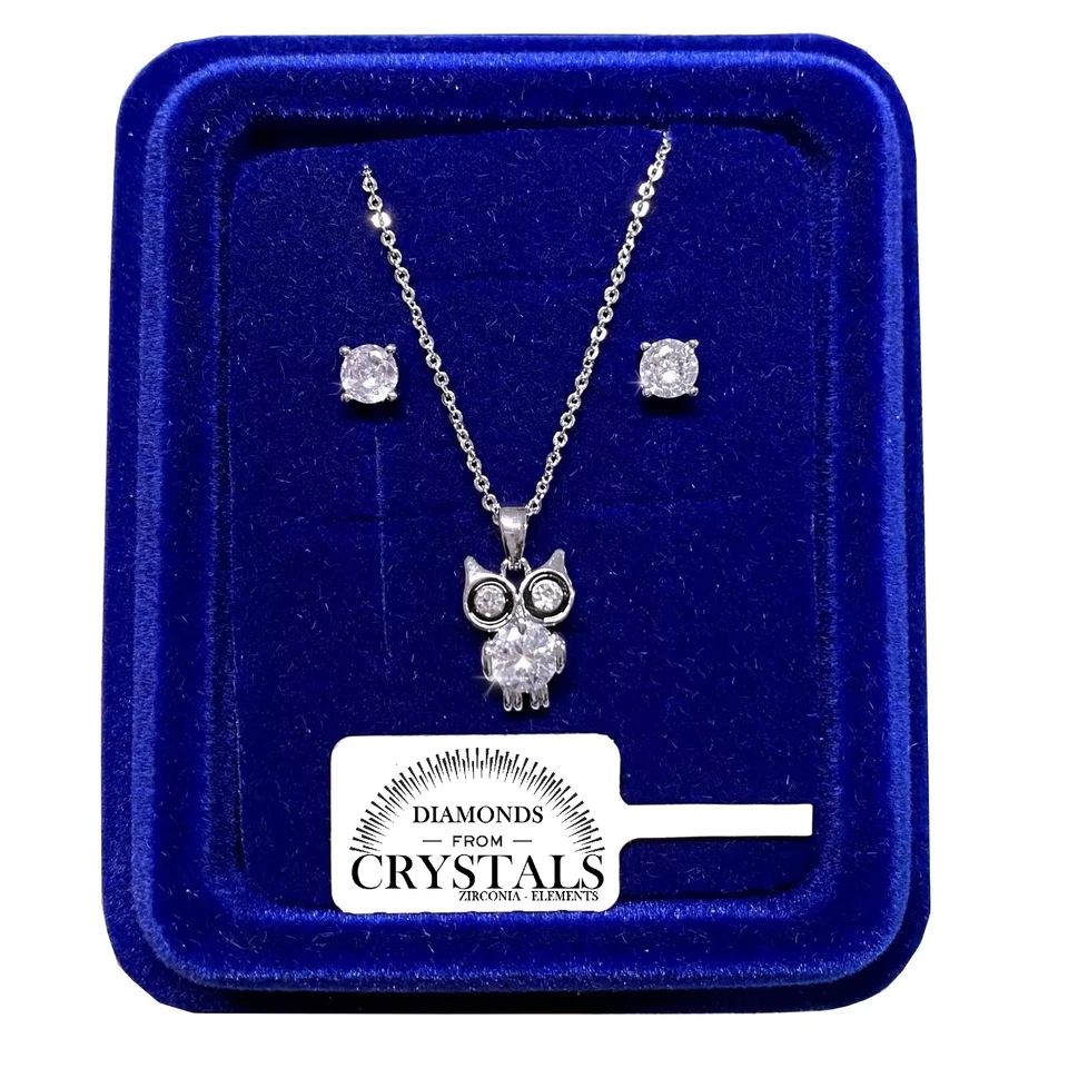 Set Collana Gufo + Orecchini pl. oro Bianco 18k con Cristalli Zirconi S86 - Immagine 1 di 4