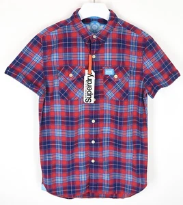 SUPERDRY Navy Sorbet Check Shirt Men's SMALL Short Sleeve Button Up Spread Neck - Picture 1 of 6