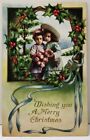 Christmas Adorable Children Hollyberry Wreath Whitington VT Postcard E11