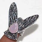 925 Silver Plated-Pink Chalcedony Gemstone Bunny Ears Ring US Size-8.5 MJ