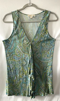 Michael Kors M Green, Blue Paisley Print Sleeveless V Neck Ruffles Blouse Top - Image 1 of 4