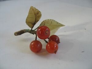 Vtg Jade stone Carved red rust cherries cluster w celadon leaves Chinese Asian