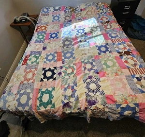 8-star 1930's Patchwork Quilt Top Feedsack Queen Size 88" By 68" Free Shipping! - Picture 1 of 6