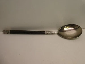 OLD CARVED ROSEWOOD HANDLE HAND BEATEN ASIAN SILVER SPOON SERVING LADLE - Picture 1 of 11