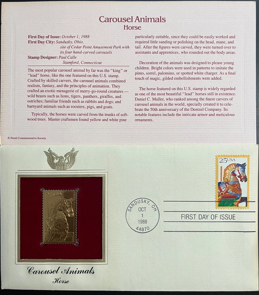 Carousel Animaux Cheval Premier Jour #2391 Pcs Feuille D'Or 1988 Sandusky Oh - Photo 1/1