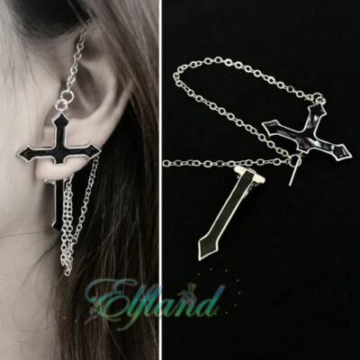 Kreuz Cross Kette * Ohrringe Ohrstecker Fake Piercing Ohrschmuck * Punk Gothic - Bild 1 von 2