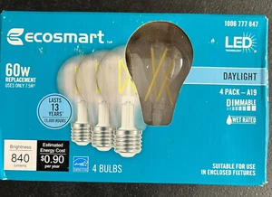4pk EcoSmart 60W LED Light Bulb A19 Dimmable Clear Glass Filament Daylight - Picture 1 of 9