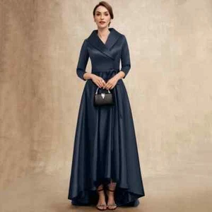 Vestidos satinados de madre de la novia cuello en V plisados vestidos de fiesta con bolsillos - Imagen 1 de 13