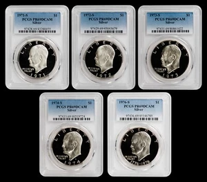 5 COIN SET:  1971 S - 1976 S Eisenhower Ike Silver Dollars PCGS PR69DCAM -GREAT! - Picture 1 of 2