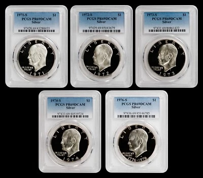 1971 S - 1976 S Eisenhower Ike Silver Dollars PCGS PR69DCAM -NICE! FIVE COIN SET - Image 1 of 2