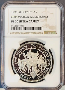 1993 ALDERNEY SILVER 2 POUNDS CORONATION ANNIVERSARY NGC PF 70 ULTRA CAMEO - Picture 1 of 3