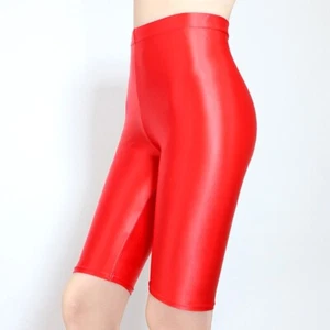 Women Glossy Smooth Leggings High Waist Opaque Five-Point Jeggings Red S Yoga - Picture 1 of 2