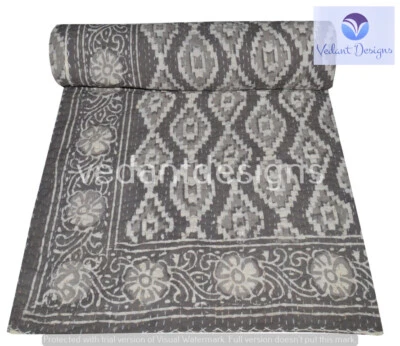 Indian Block Queen Kantha Handmade Quilt Cotton Bed Cover Throw - Image 1 of 4