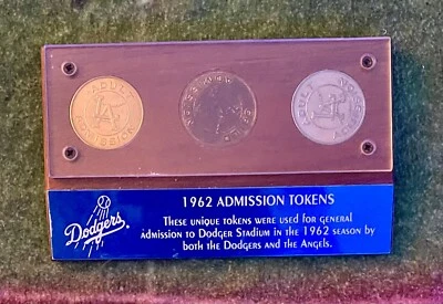 1962 LOS ANGELES DODGERS ADMISSION (3) TOKENS IN DISPLAY GRAND OPENING SEASON - Image 1 of 3