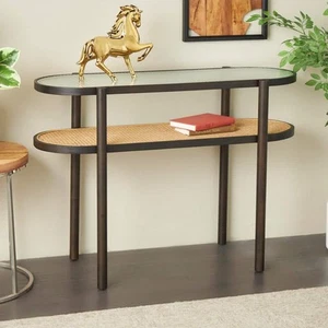 32 in. Brown Oval Rattan Wood Console Table with Pressed Tempered Glass Top - Picture 1 of 10
