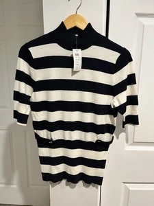 Cache Navy And White Striped Knit Short Sleeve Mock Neck Nautical East Coast NWT - Picture 1 of 10