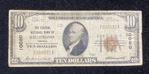 1929 $10 THE CENTRAL NATIONAL BANK OF RICHMOND, VIRGINIA NATIONAL CH. #10080 - Picture 1 of 2
