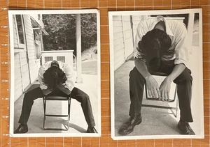 2 PHOTOS SAME MAN BENDS OVER IN CHAIR TOP OF HEAD-DIFFERENT HAND/LEG POSITIONS - Picture 1 of 6
