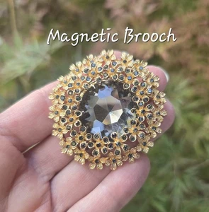 Broche MAGNÉTICO Grande Cristal Gris Floral Tono Dorado. Broche magnético sin alfileres - Imagen 1 de 8