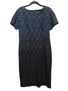 Maggy London - 14 Black Blue White Tweed Shift Dress Lined Slit Asymetrical Neck - Picture 1 of 10