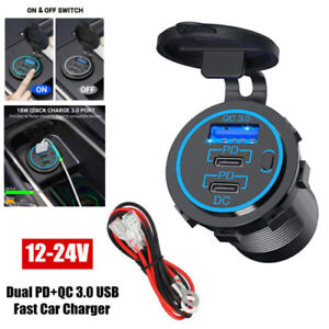 Dual PD+QC 3.0 USB Fast Car Charger Switch Socket Outlet Lamp For RV Boat 12-24V