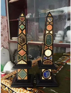18" two black Marble Obelisk lapis Pietra Dura Mosaic Inlay antique home decor - Picture 1 of 3