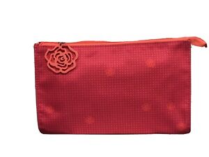 Lancome Pink & Orange Cosmetic Makeup Travel Clutch Bag w/Flower Zipper Pull
