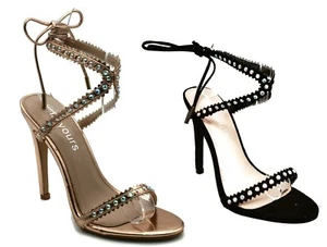 Womens High Heel Sandals Ladies Diamante Party Wedding Summer Stiletto Shoes - Picture 1 of 7