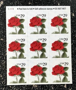 1990USA #2490 29c Red Rose - Block of 9 From Booklet Mint flower - Picture 1 of 2