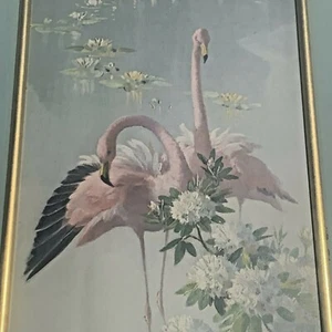 Vintage 1950's VERNON WARD Mirror Length Tall Framed FLAMINGO Litho Art ❤️sj10m6 - Picture 1 of 11