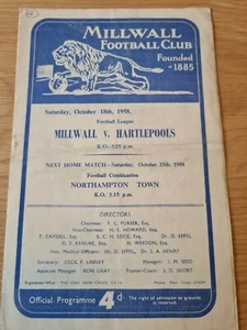 1958/59 Millwall v Hartlepools October 18 1958 Division 4 - Picture 1 of 2