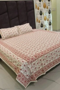 Hand Printed Bedsheet, Block Print Bedsheet With 2 Pillow Covers Flower Print - Picture 1 of 8