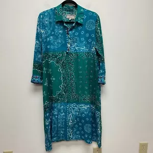 Johnny Was Workshop Womens Blue Green Bandana Print Henley Midi Shirt Dress XS - Picture 1 of 15