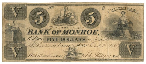 1835 Bank of Monroe, Monroe, Michigan $5 Obsolete Note B-15 (60126) Cover