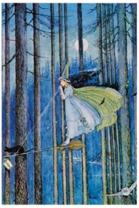 Repro Postcard - Young Witch on Broomstick, Blue Forest, New Moon, Owl, Cat  - Picture 1 of 3