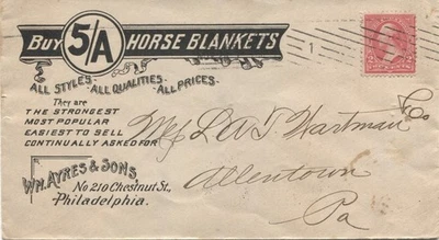 Cubierta publicitaria Philadelphia PA Wm Ayres & Sons 5/A mantas para caballos 1897 Foto 1 de 2
