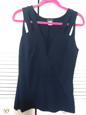 Blusa Top VENUS Azul Marino Profundo Escote en V Tirantes Hombro Peplum Dobladillo S Foto 1 de 4