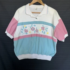Vintage 80s Pastel Pink Popover Polo Top Size L Floral Golf Preppy Grannycore - Bild 1 von 11