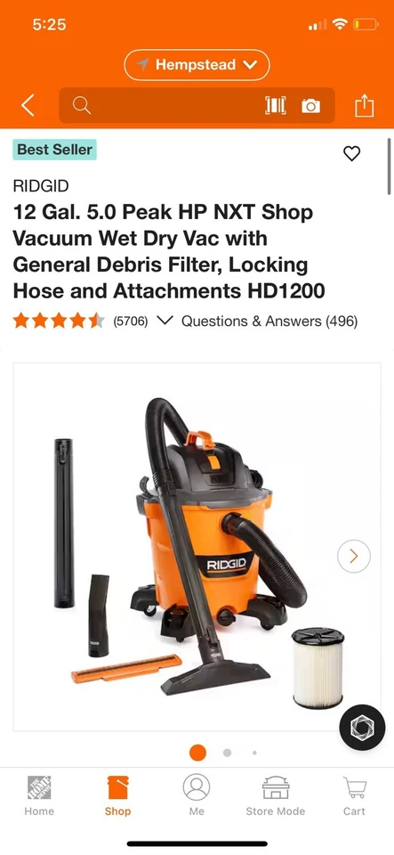 RIDGID 12 加仑 5.0 Peak HP NXT Shop 真空干湿 Vac 带通用碎片过滤器 — 第 1/1 张图片
