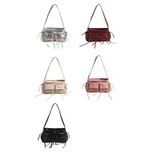 Multi Pockets Bows Underarm Bag PU Leather Shoulder Bag Zippered Handbag Purse - Picture 1 of 13