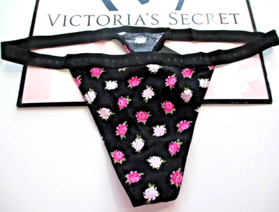 VICTORIA'S SECRET Cotton V-String Thong Panty VS Black Floral Pink Rose S M L XL - Image 1 of 4