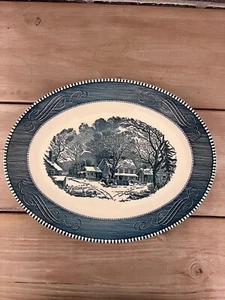 Vtg MCM 1950's "Old Inn Winter" Royal China Currier & Ives Blue 13" Oval Platter - Picture 1 of 10